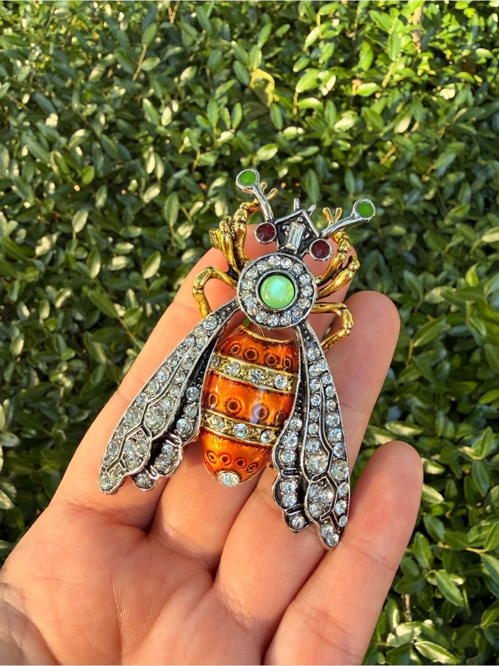 Enamel and Crystal Bee Brooch in Orange and Gold Tones - Picture 3 of 4